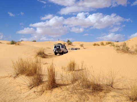 magnifique ciel bleu dans le désert tunisien avec un 4x4 de dos